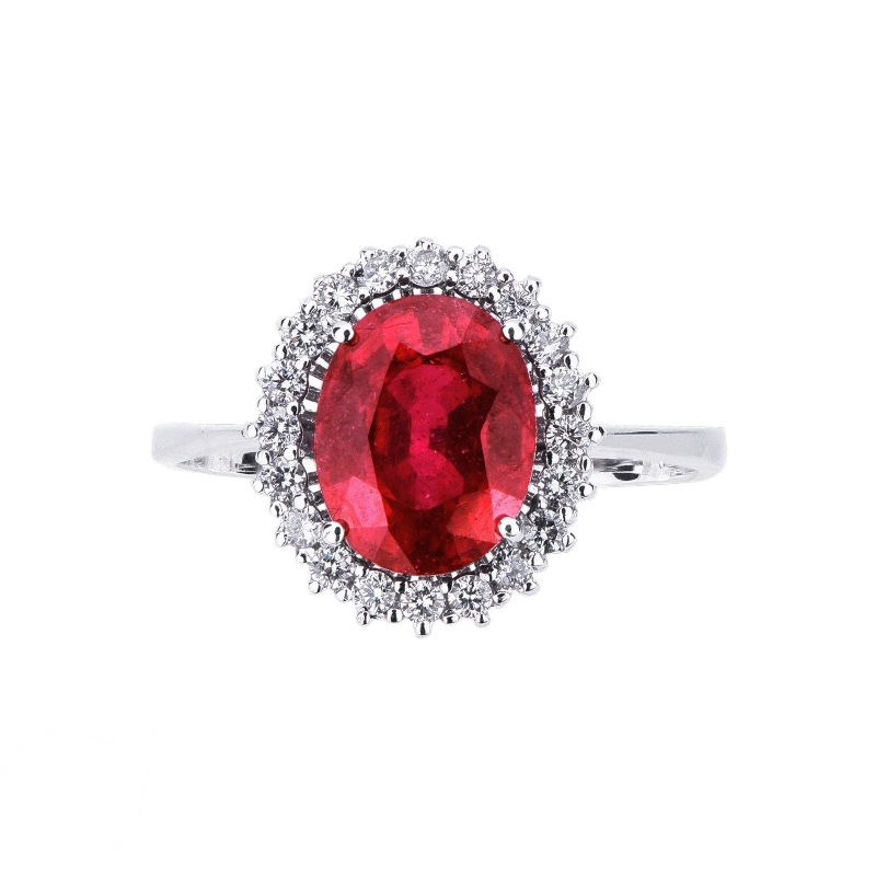 Halo ring white gold 18k with a central ruby and diamonds 