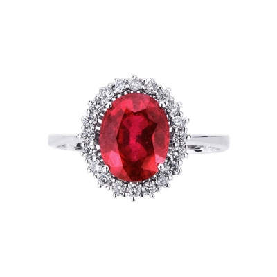 Halo ring white gold 18k with a central ruby and diamonds 
