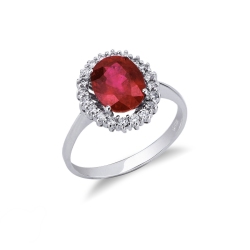Halo ring white gold 18k with a central ruby and diamonds 
