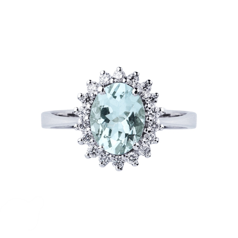 White gold 18k halo ring with aquamarine oval cut and diamonds 