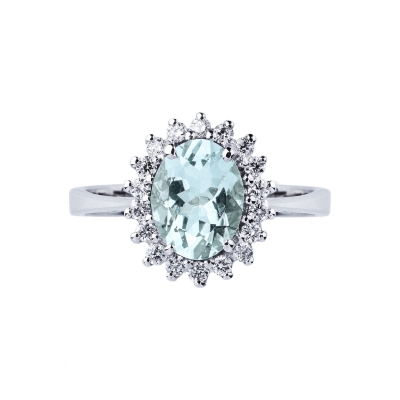 White gold 18k halo ring with aquamarine oval cut and diamonds 
