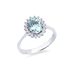 White gold 18k halo ring with aquamarine oval cut and diamonds 