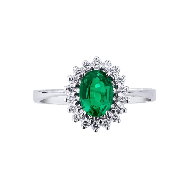 White gold 18k halo ring with diamonds and emerald oval cut 