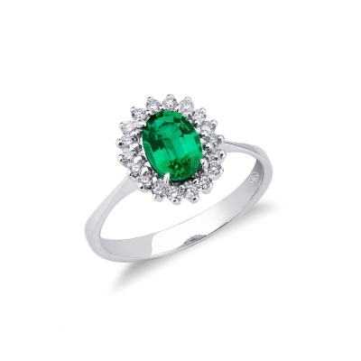 White gold 18k halo ring with diamonds and emerald oval cut 