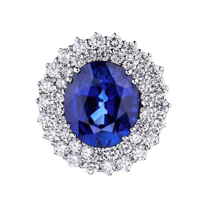 Diamond double halo ring with blue sapphire oval cut 