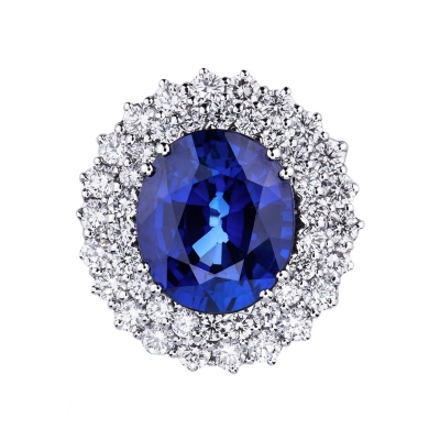 Diamond double halo ring with blue sapphire oval cut 