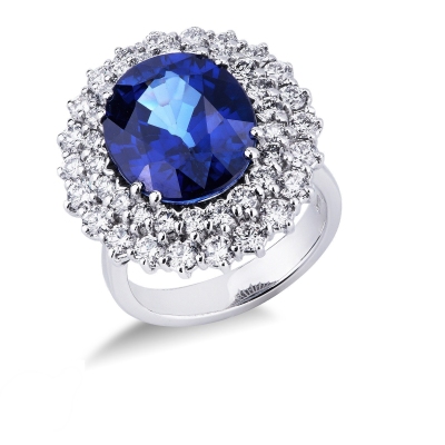 Diamond double halo ring with blue sapphire oval cut 