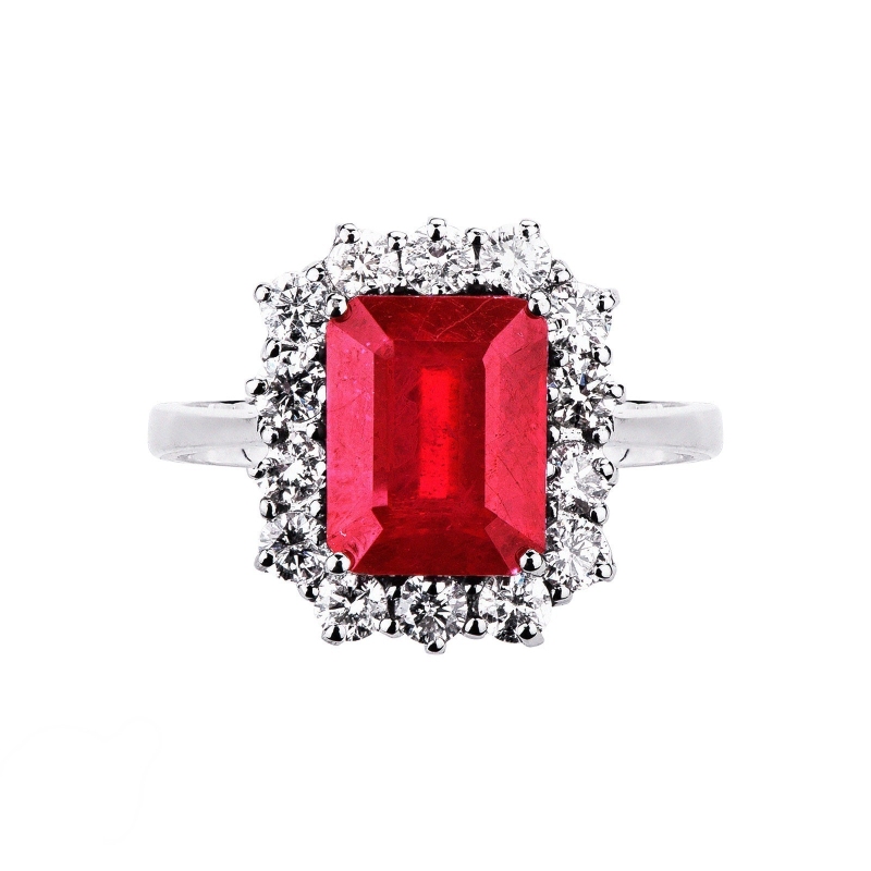 Halo ring with diamonds and ruby emerald cut white gold 18k