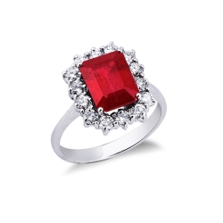 Halo ring with diamonds and ruby emerald cut white gold 18k