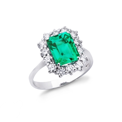 White gold 18k halo ring with diamonds and emerald 