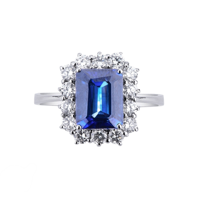 Halo ring white gold 18k with diamonds and blue sapphire emerald cut 