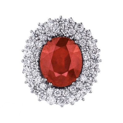 Diamond double halo with ruby oval cut white gold 18k