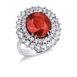 Diamond double halo with ruby oval cut white gold 18k