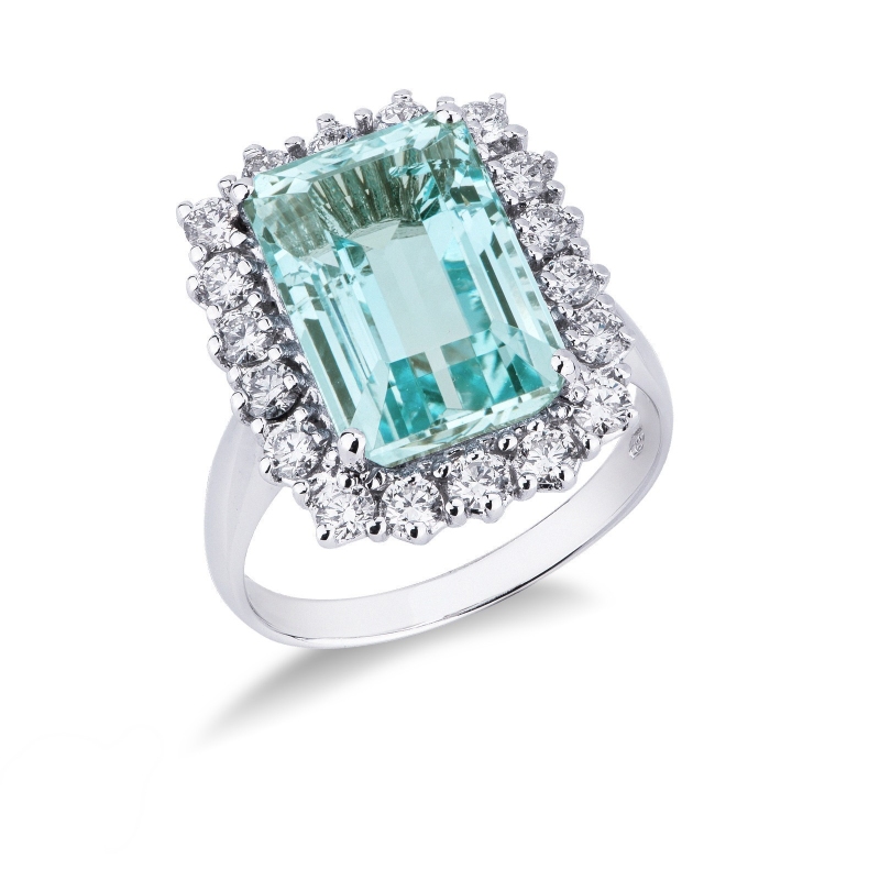 Halo ring white gold 18k with aquamarine emerald cut and diamonds 