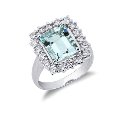 White gold 18k halo ring with diamonds and central aquamarine emerald cut 