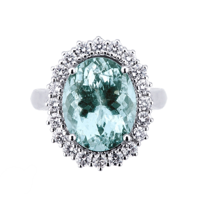 Halo ring with central acquamarine and diamonds white gold 18k 
