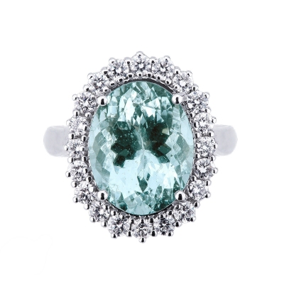 Halo ring with central acquamarine and diamonds white gold 18k 