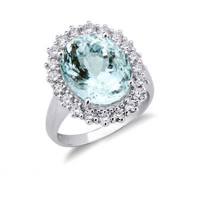 Halo ring with central acquamarine and diamonds white gold 18k 
