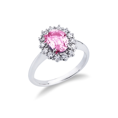Halo ring in white gold 18k with pink sapphire 8x6 mm and diamonds