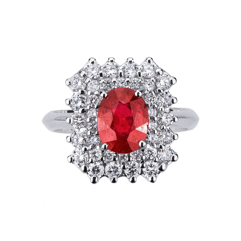 White gold 18k halo ring with diamonds and central ruby 