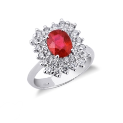 White gold 18k halo ring with diamonds and central ruby 