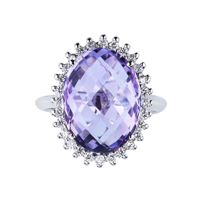 White gold 18k halo ring with central amethyst oval cut and diamonds 