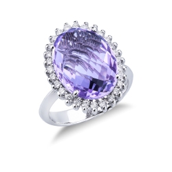 White gold 18k halo ring with central amethyst oval cut and diamonds 