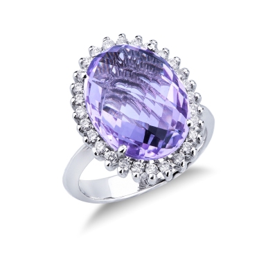 White gold 18k halo ring with central amethyst oval cut and diamonds 