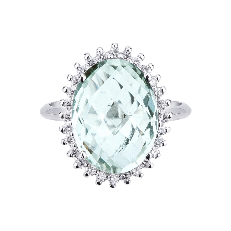 Halo ring white gold 18k with blue topaz and diamonds