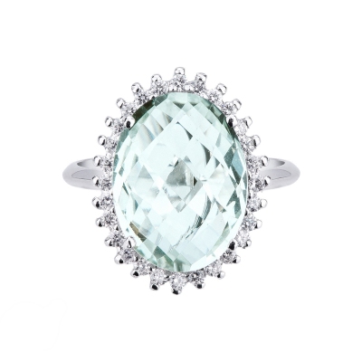 Halo ring white gold 18k with blue topaz and diamonds