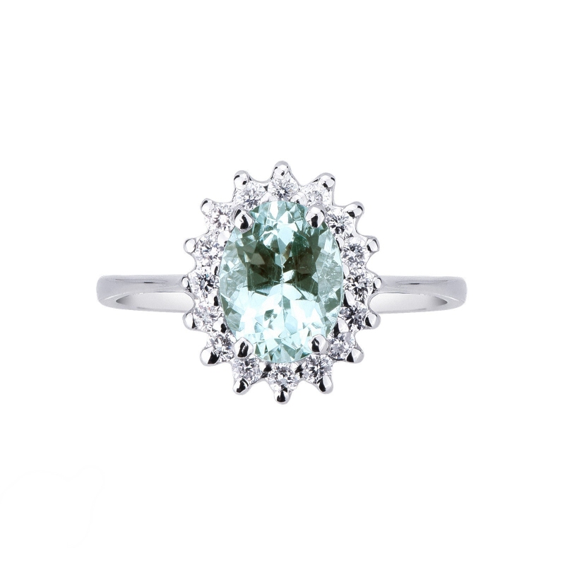 Halo ring with diamonds and aquamarine white gold 18k
