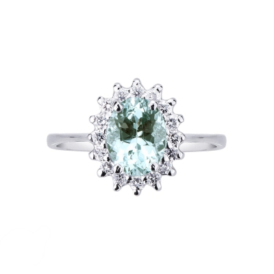 Halo ring with diamonds and aquamarine white gold 18k