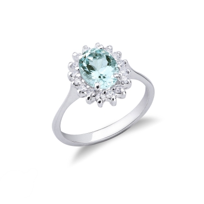 Halo ring with diamonds and aquamarine white gold 18k