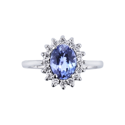18k white gold halo ring with big central tanzanite and diamonds