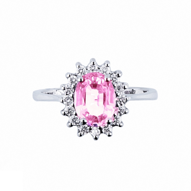 Halo ring with oval cut pink sapphire and diamonds in white gold 18k 