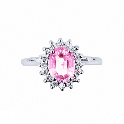 Halo ring with oval cut pink sapphire and diamonds in white gold 18k 