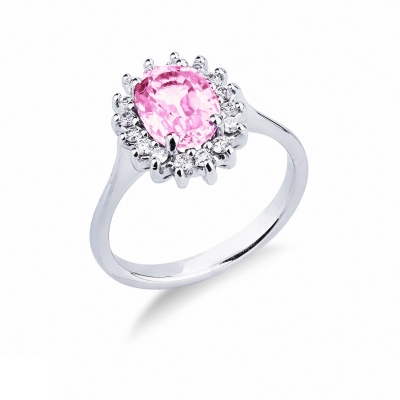 Halo ring with oval cut pink sapphire and diamonds in white gold 18k 