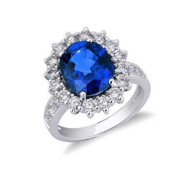 Halo ring white gold 18k with diamonds and blue sapphire