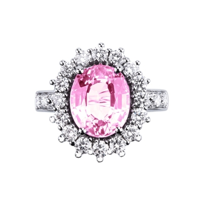 Halo ring in white gold 18k with a pink sapphire and diamonds 
