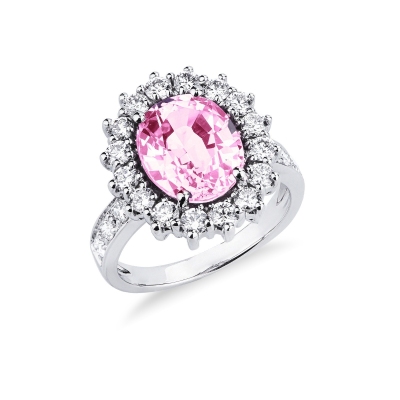 Halo ring in white gold 18k with a pink sapphire and diamonds 