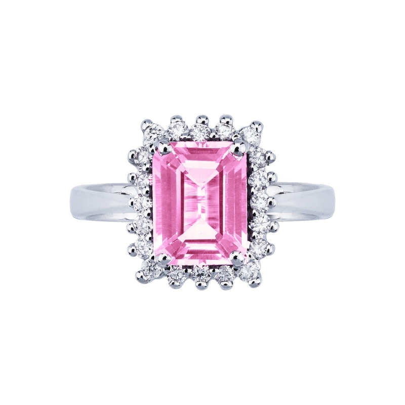Halo ring with pink sapphire and diamonds in white gold 18k