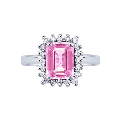 Halo ring with pink sapphire and diamonds in white gold 18k