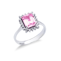 Halo ring with pink sapphire and diamonds in white gold 18k