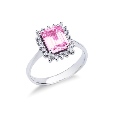 Halo ring with pink sapphire and diamonds in white gold 18k