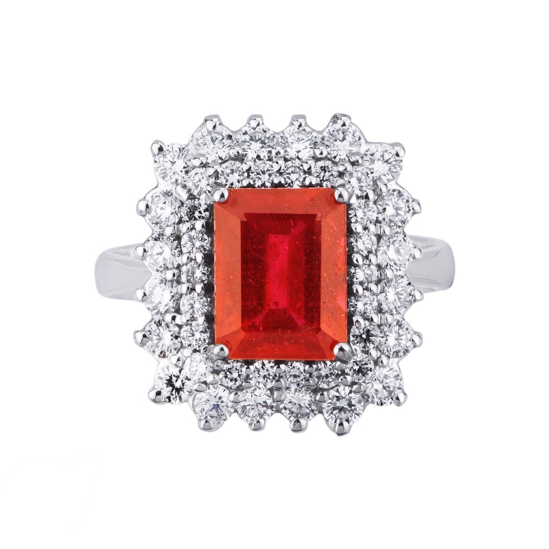 Diamond double halo ring with central ruby white gold 18k