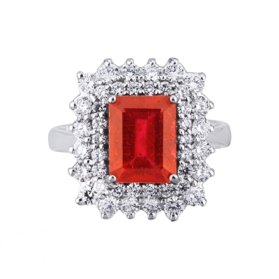 Diamond double halo ring with central ruby white gold 18k