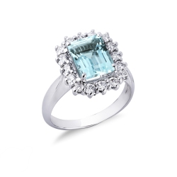 Diamond halo ring white gold 18k and aquamarine 