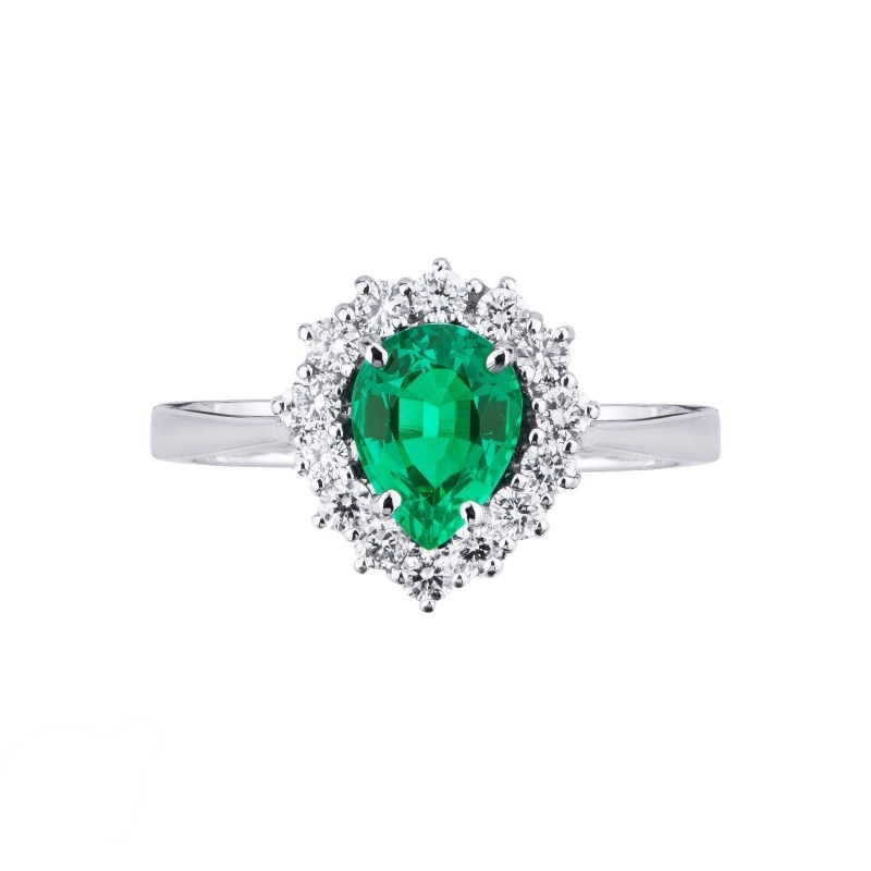 White gold 18k halo ring with diamonds and emerald 