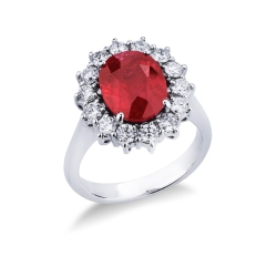 18k white gold halo ring with oval Ruby crowned by diamonds