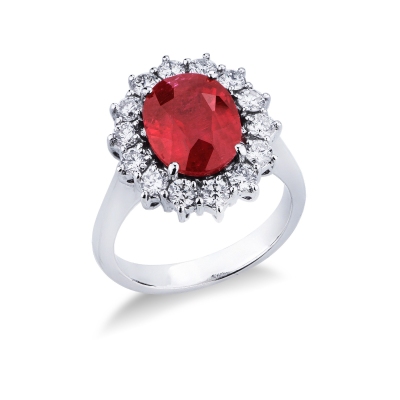 18k white gold halo ring with oval Ruby crowned by diamonds